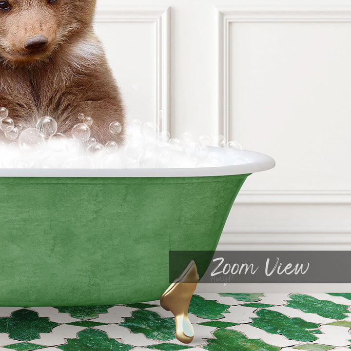 A cute brown bear is sitting in a green bathtub filled with bubbles, creating a playful and whimsical scene.