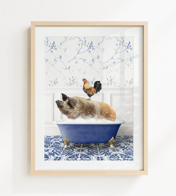 A framed image depicting a pig sitting in a blue bathtub, with a rooster perched on its back.