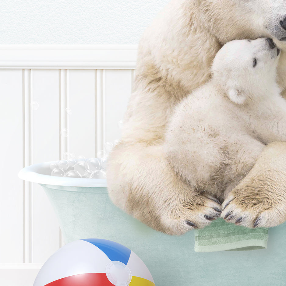 a mother polar bear and her cub in a bathtub