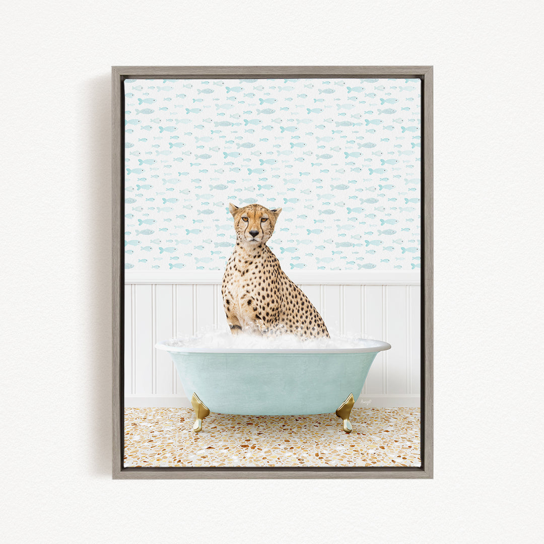 A cheetah sitting in a bathtub filled with water, surrounded by a pattern of fish.