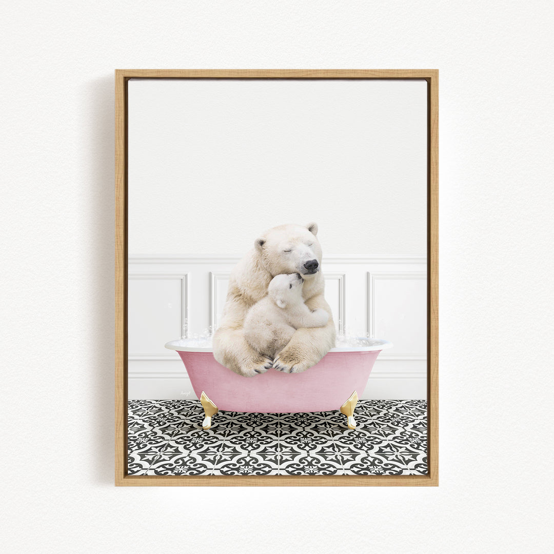 A polar bear and its cub sitting in a pink bathtub, with the bear's head resting on the cub's body.