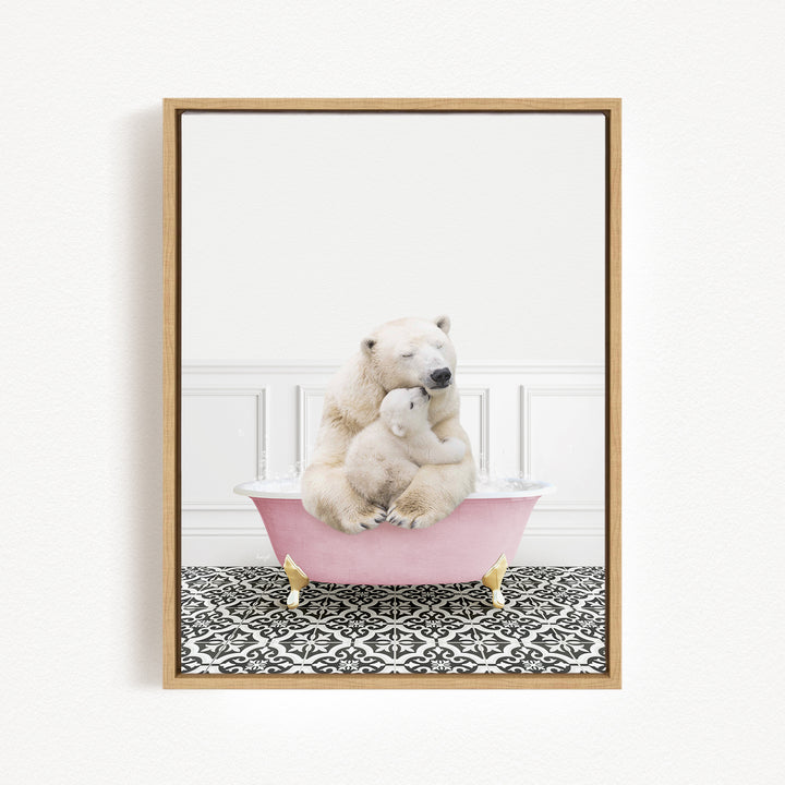 A polar bear and its cub sitting in a pink bathtub, with the bear's head resting on the cub's body.