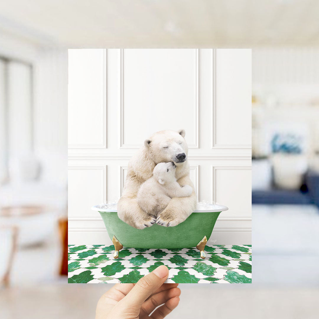 A polar bear sitting in a green bathtub, with a smaller polar bear resting on its lap, in a cozy indoor setting with a patterned floor.