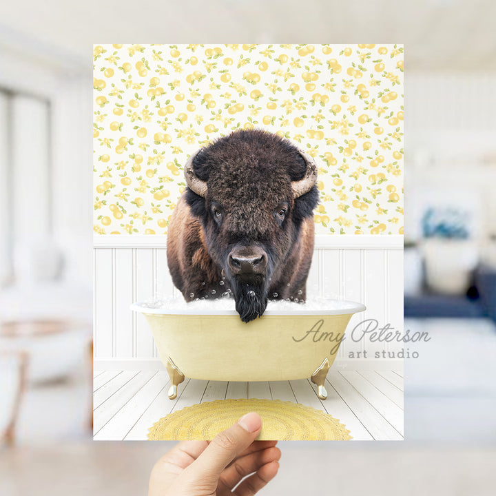 a bison is taking a bath in a bathtub