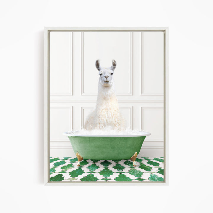 A white llama sitting in a green bathtub filled with bubbles, with a green and white patterned floor in the background.