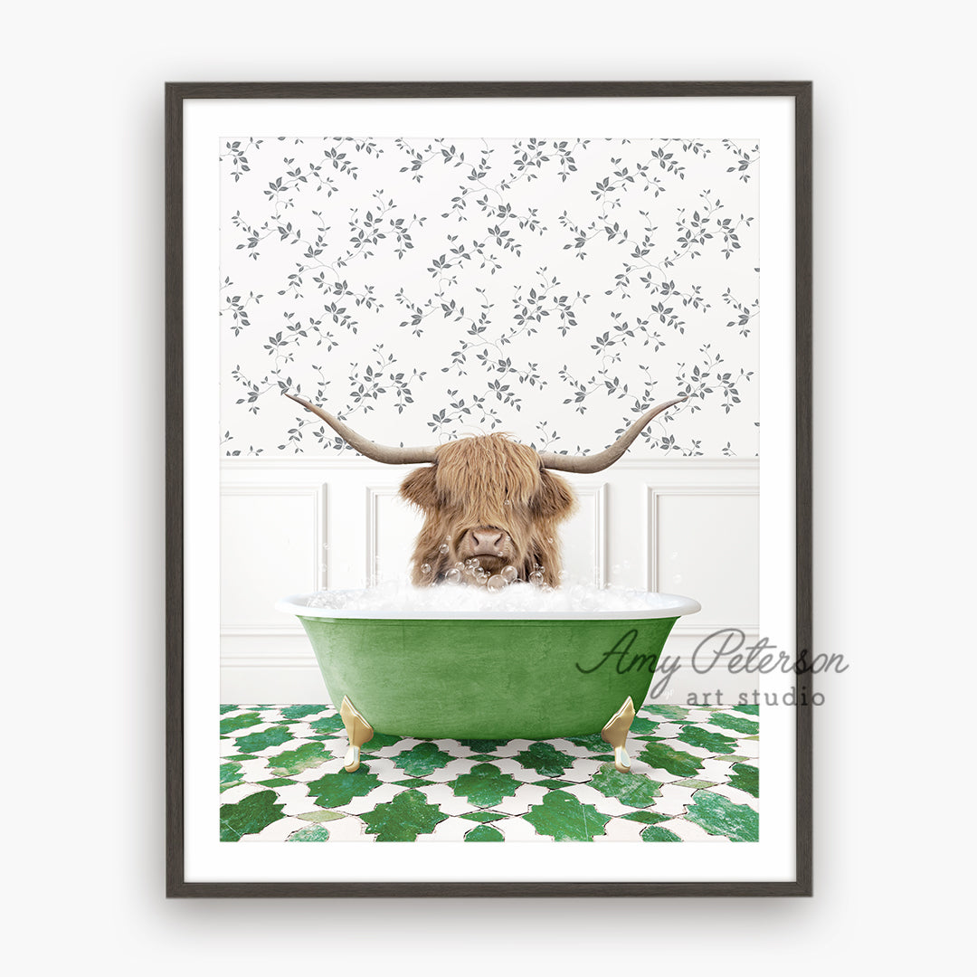 a picture of a cow with horns in a bathtub