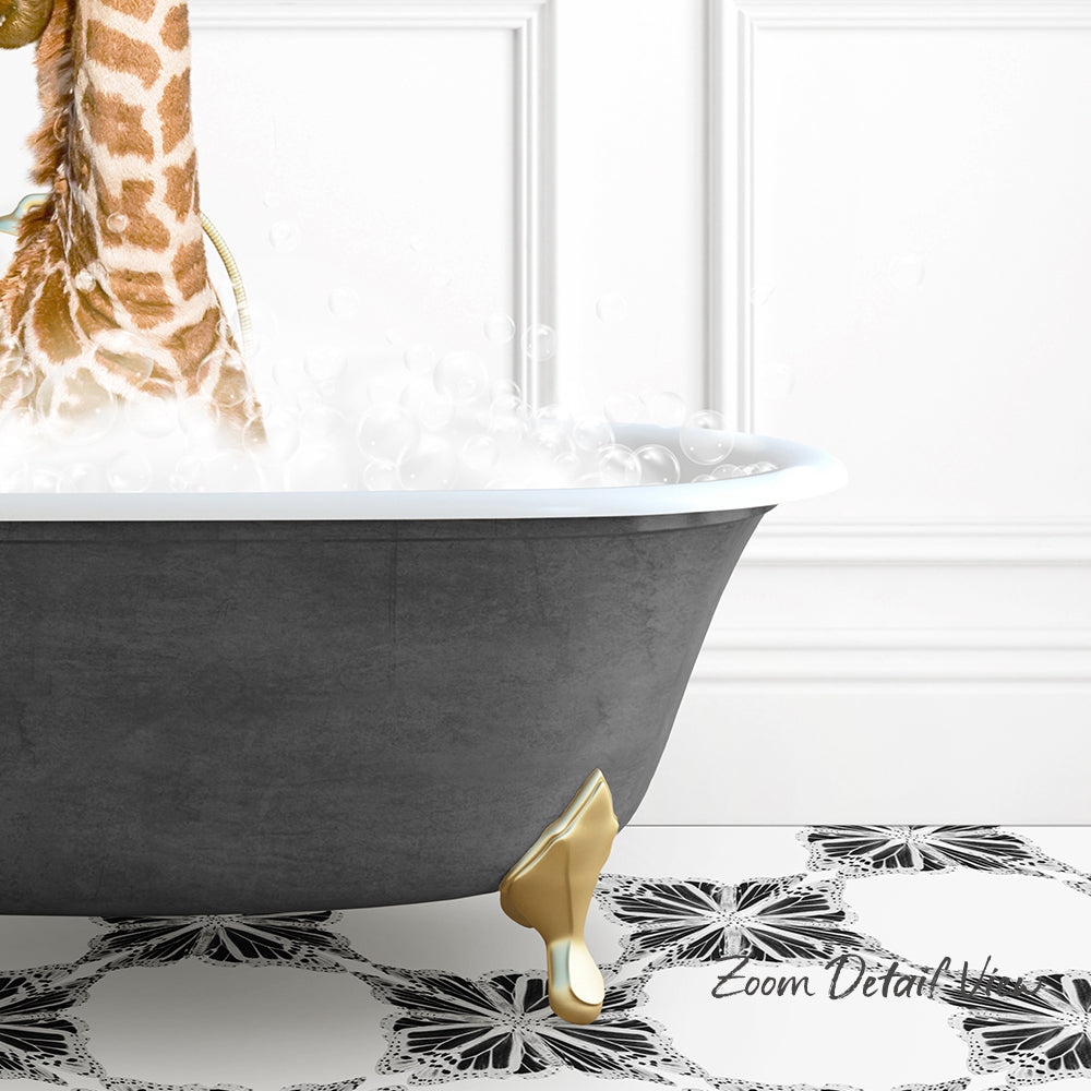 A giraffe standing in a bathtub filled with water, with a gold-colored bathtub faucet and a black and white patterned floor.