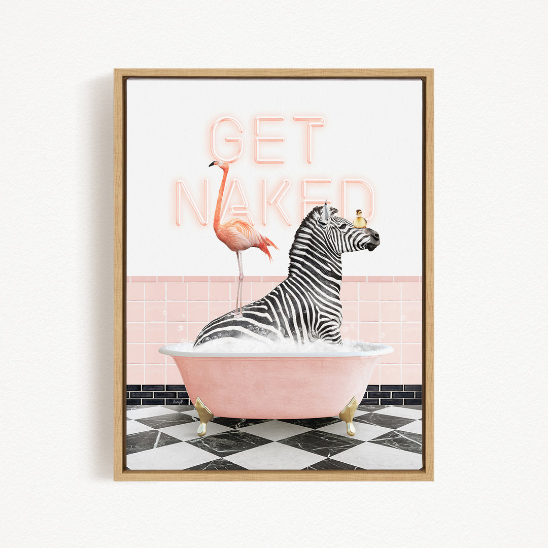 A framed illustration depicting a zebra sitting in a pink bathtub, with a flamingo standing on its back and the text "GET NAKED" displayed above the scene.