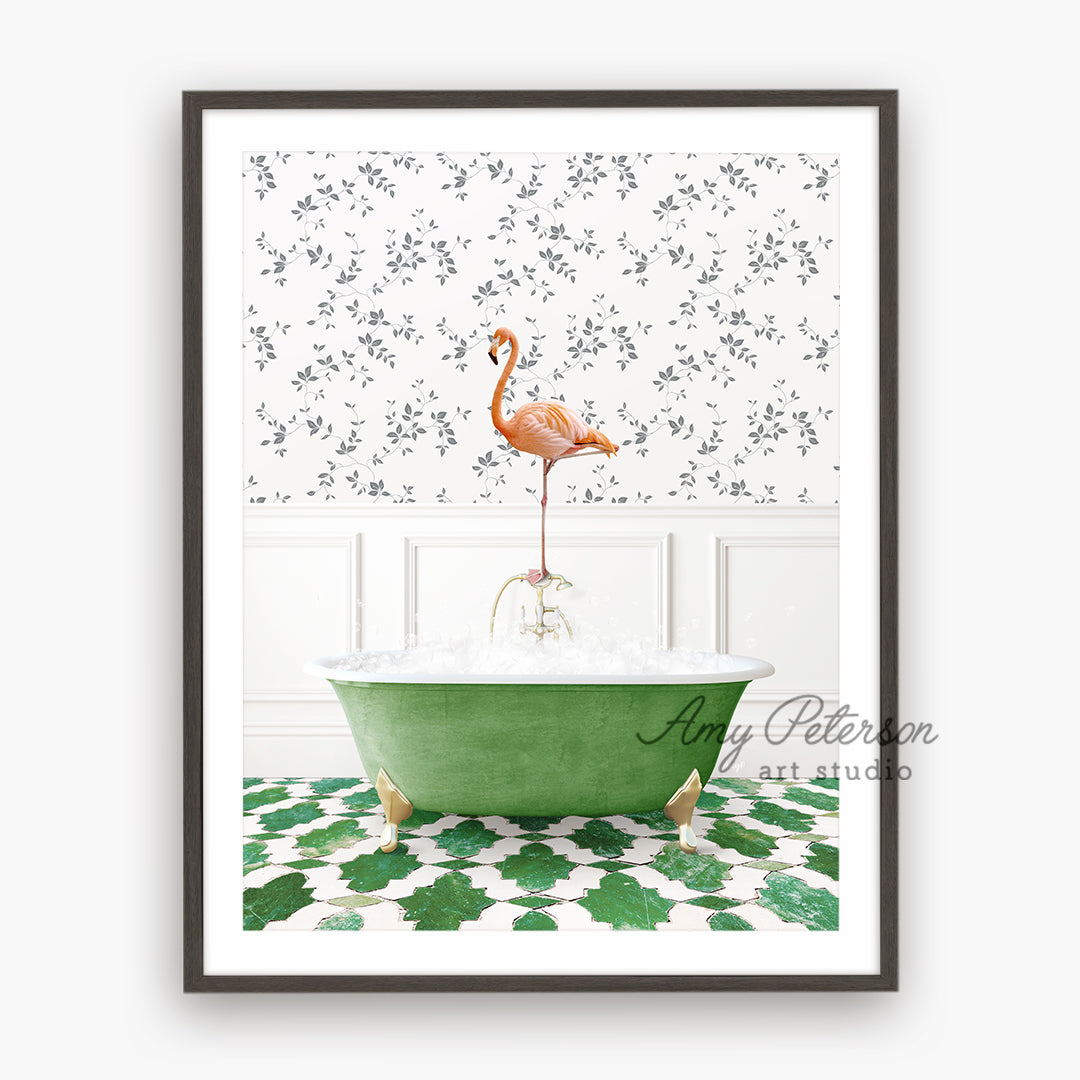 a green bathtub with a pink flamingo standing on top of it