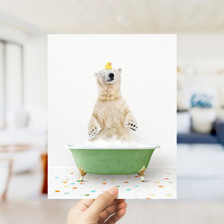 A polar bear standing in a green bathtub filled with bubbles, with a rubber duck perched on its head.