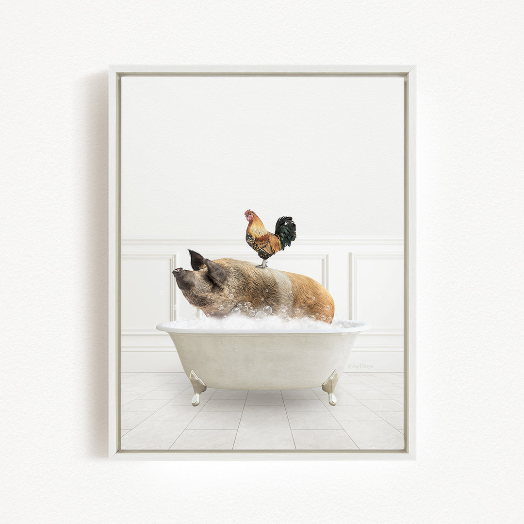 A rooster sits atop a pig in a bathtub, creating a whimsical and humorous scene.
