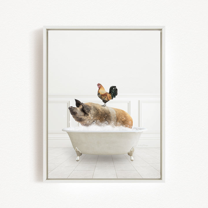 A rooster sits atop a pig in a bathtub, creating a whimsical and humorous scene.