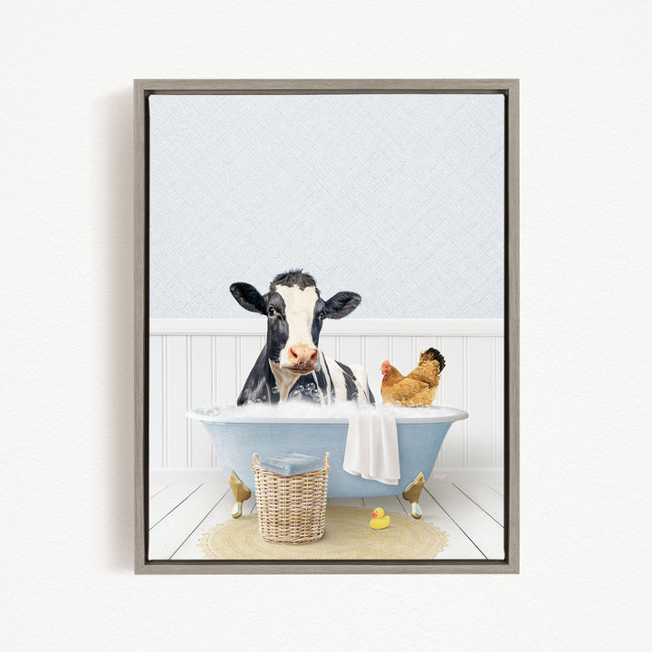 A black and white cow is sitting in a bathtub filled with water, surrounded by a chicken and a rubber duck, creating a whimsical and playful scene.