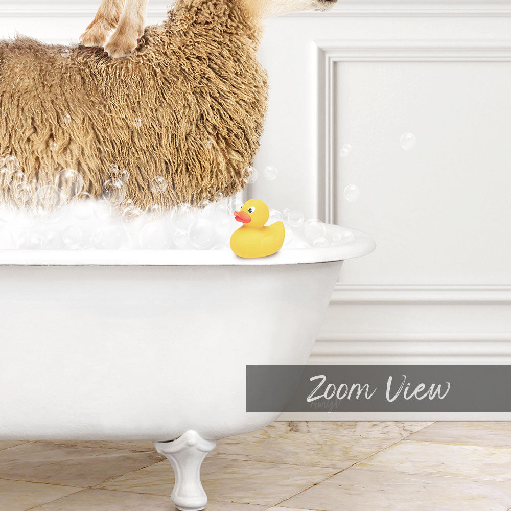 A fluffy brown sheep is standing in a white bathtub filled with bubbles, with a yellow rubber duck floating on the water.