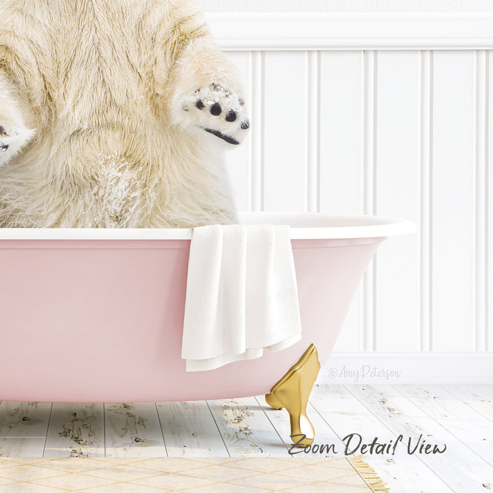A polar bear is sitting in a pink bathtub, with its paws hanging out of the tub.