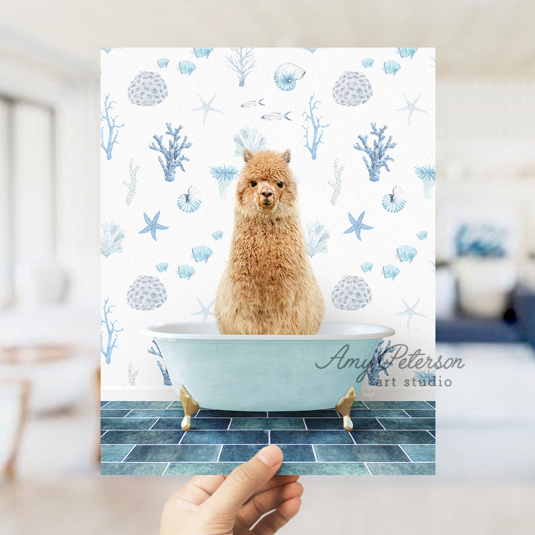 a hand holding up a card with a picture of a dog in a bathtub