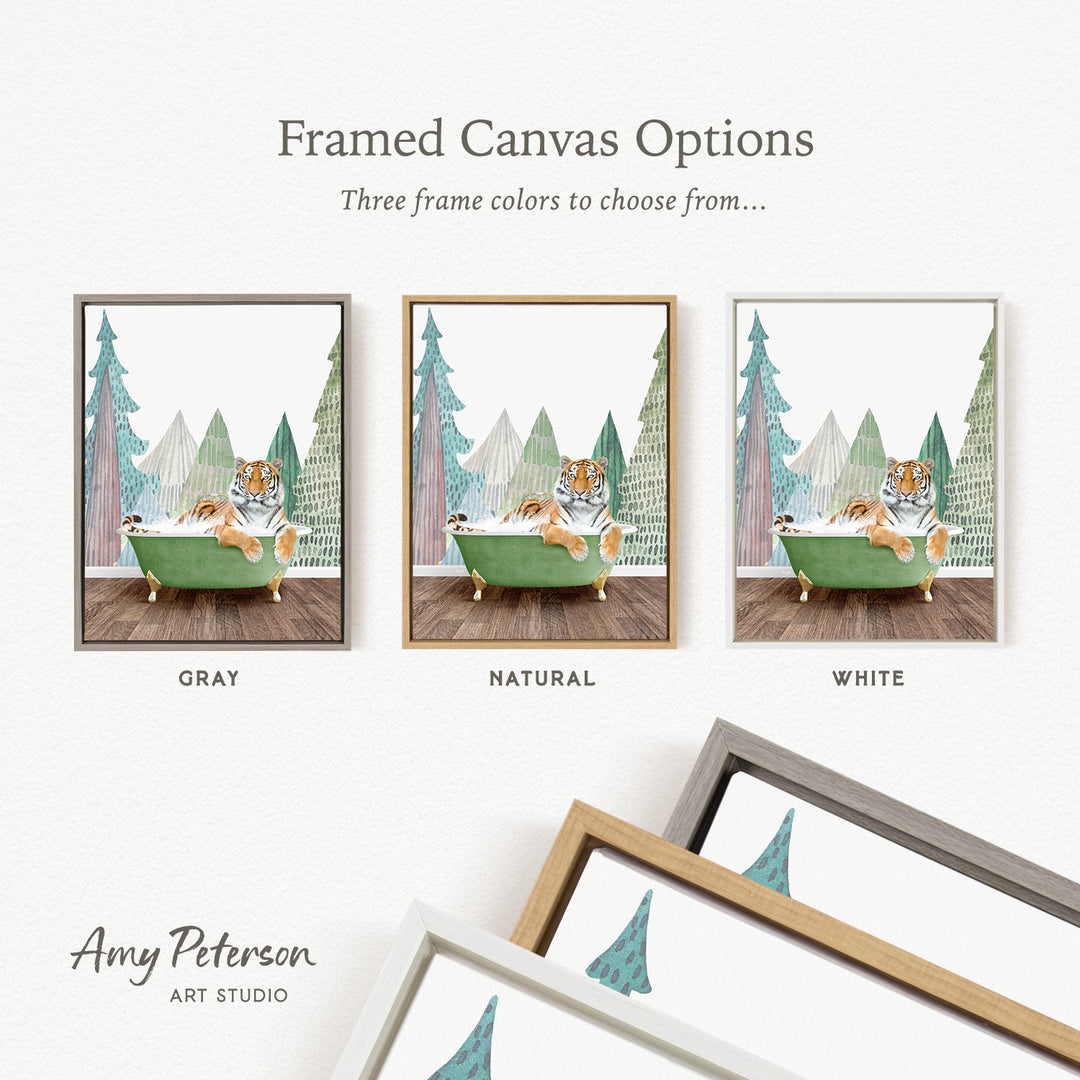 The image is a framed canvas option featuring three different color options for a painting of a tiger in a bathtub, with a forest scene in the background.