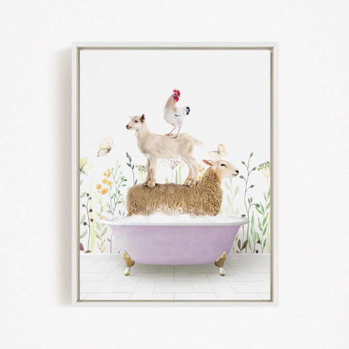 A framed image depicting a sheep standing on a bathtub, with a chicken perched on top of it, and a lamb sitting on the tub's edge.