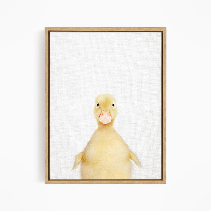 A cute yellow duck with a pink beak is the main subject of the image, which is a framed print of the duck against a white background.