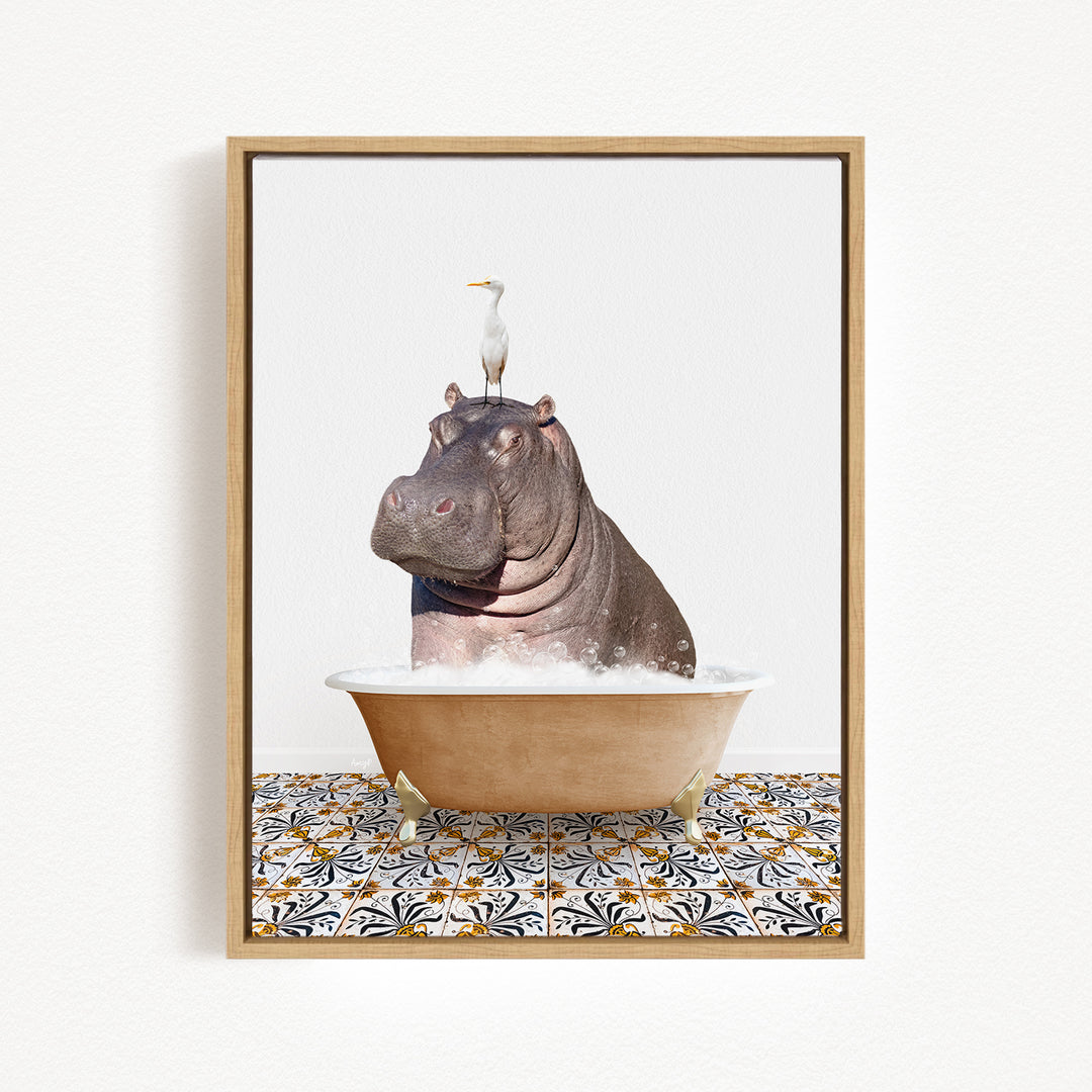 A hippopotamus sitting in a bathtub, with a bird perched on its head.
