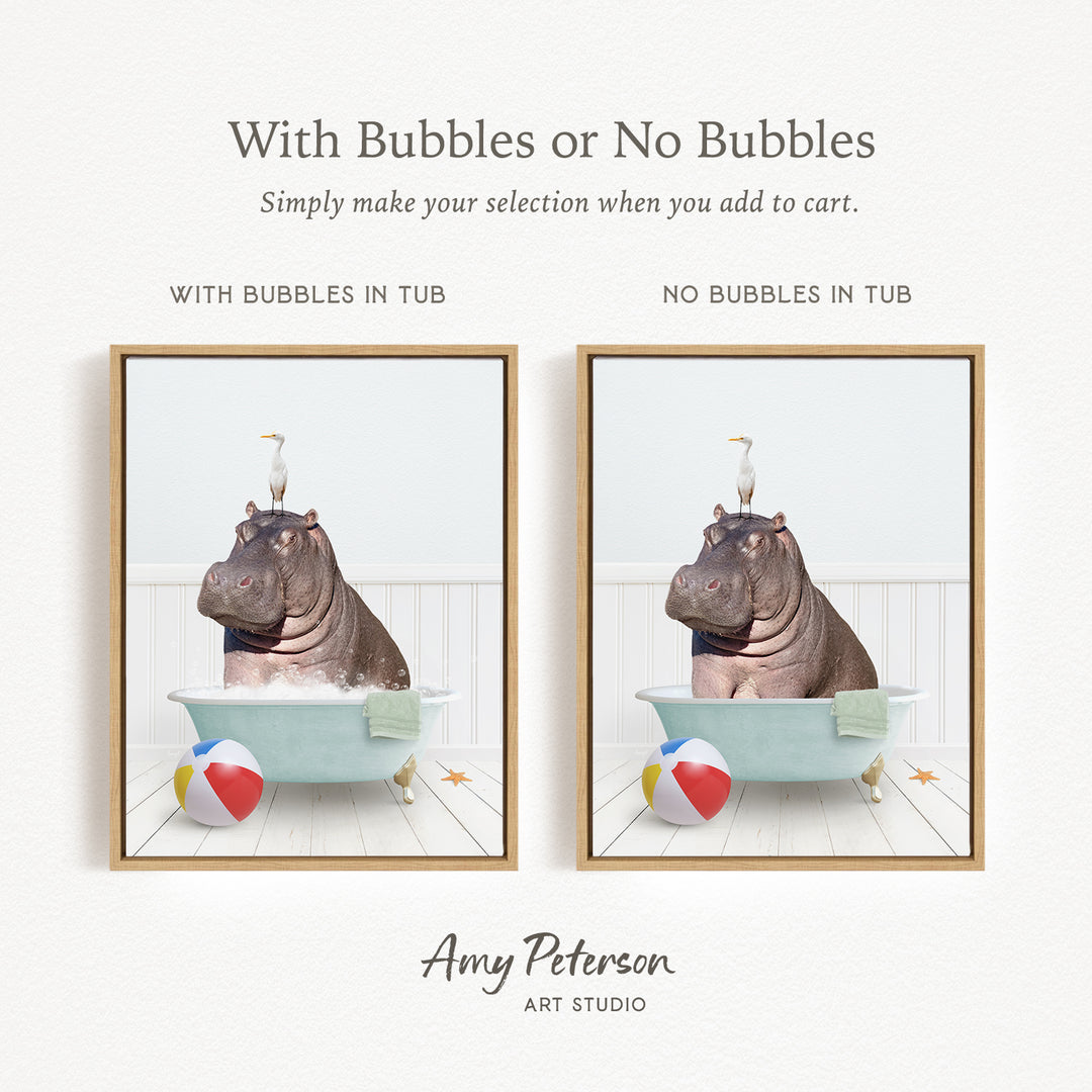 The image is a collage of two pictures featuring a hippopotamus sitting in a bathtub, with one picture having bubbles and the other not. The text above the images reads "With Bubbles or No Bubbles Simply make your selection when you add to cart."