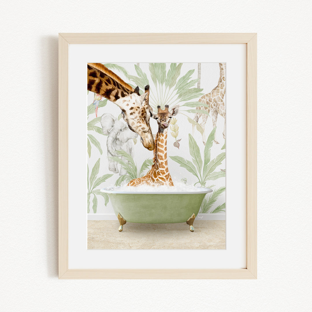 A framed image depicting a giraffe sitting in a green bathtub, surrounded by other giraffes and tropical foliage.