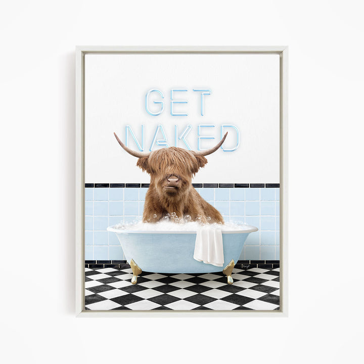 A brown cow with horns is sitting in a blue bathtub, with the words "GET NAKED" written on the wall behind it.