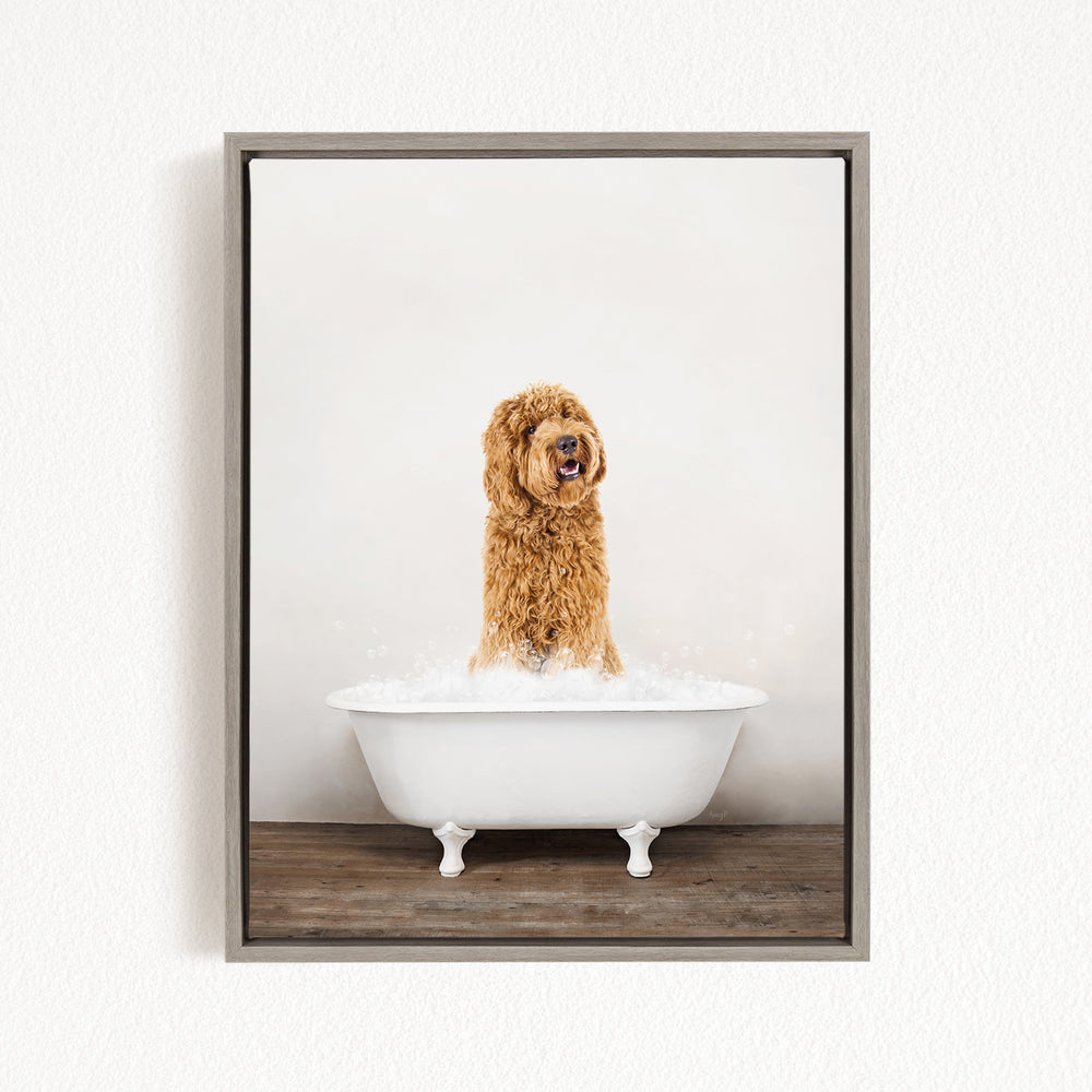 A brown dog standing in a white bathtub filled with water, appearing to be enjoying a bath.