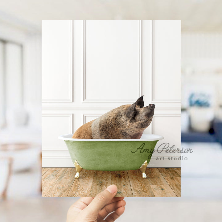 a dog taking a bath in a green bathtub