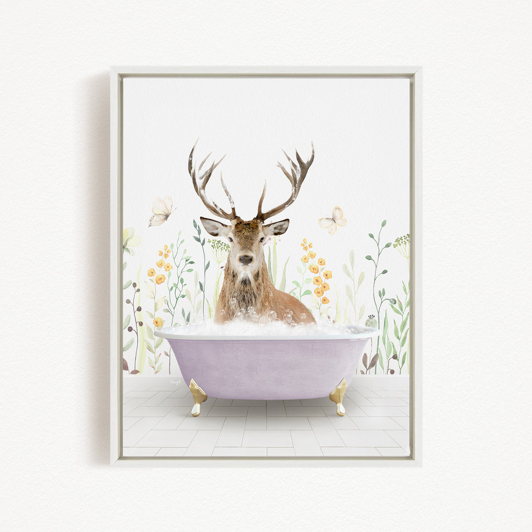 A deer with antlers is sitting in a purple bathtub filled with bubbles, surrounded by flowers and butterflies.