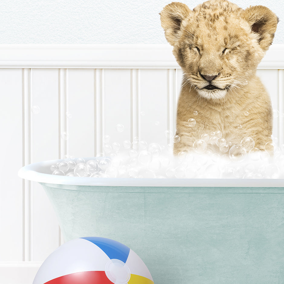 a baby lion sitting in a bathtub with bubbles