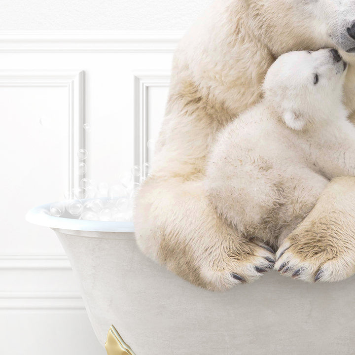 a mother polar bear holding her cub in a bathtub