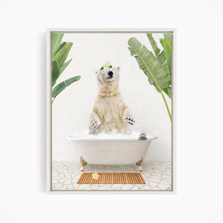 A polar bear sitting in a bathtub filled with water, surrounded by tropical plants and a wooden mat on the floor.