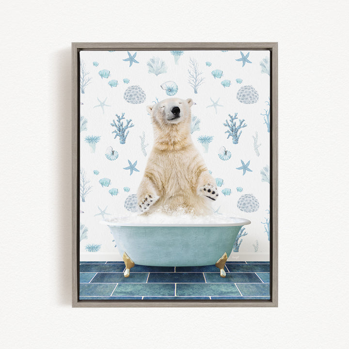 A polar bear sitting in a bathtub filled with bubbles, surrounded by a pattern of seashells and starfish.