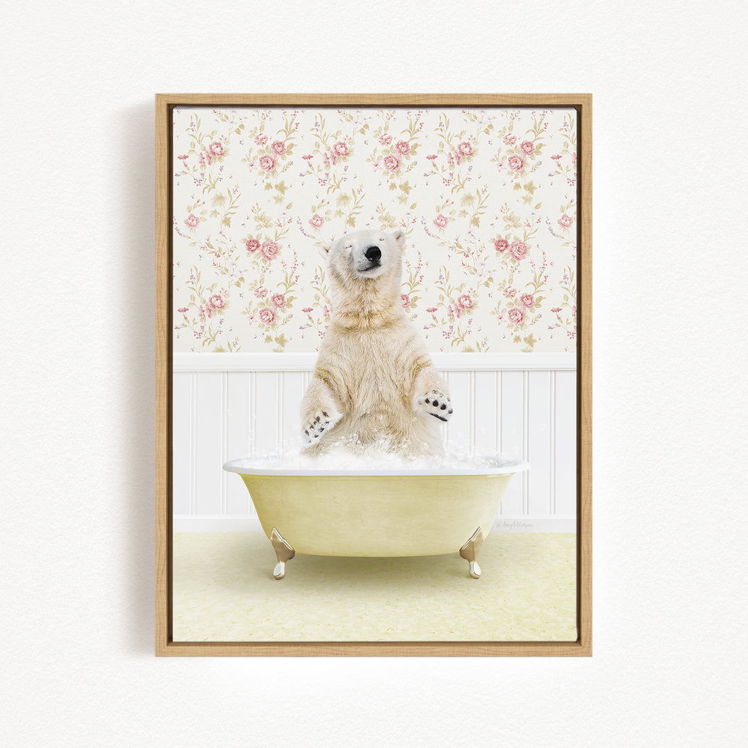 A polar bear sitting in a bathtub filled with bubbles, surrounded by a floral wallpaper.