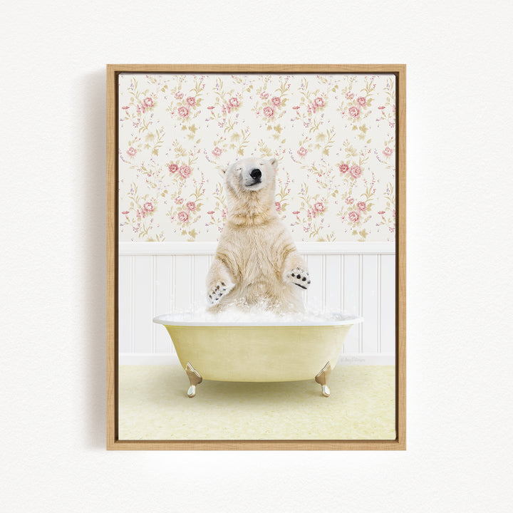 A polar bear sitting in a bathtub filled with bubbles, surrounded by a floral wallpaper.