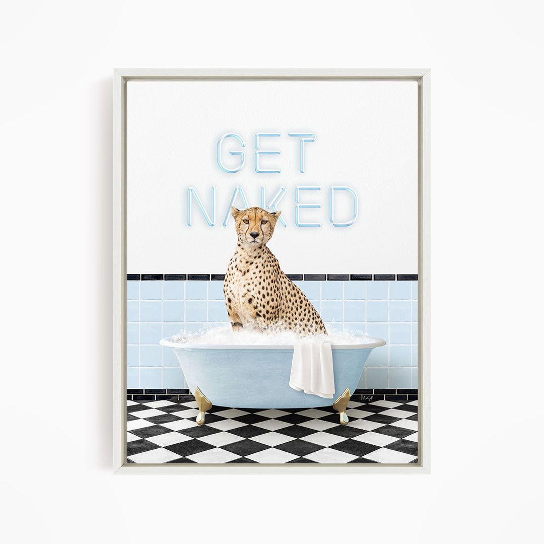 A cheetah sitting in a bathtub with the text "GET NAKED" displayed above it.