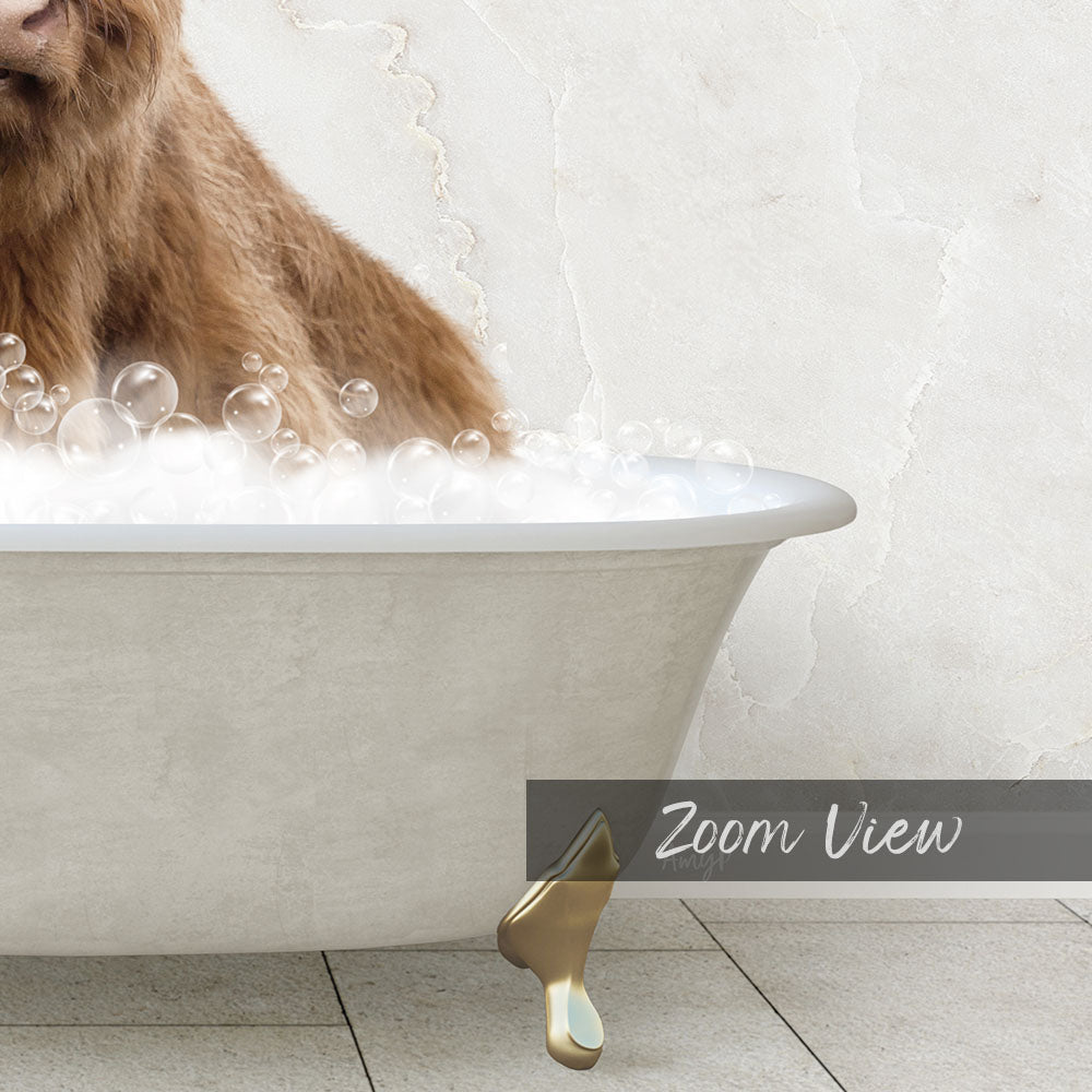 A close-up of a dog's head in a bathtub filled with bubbles, with a text overlay that reads "Zoom View".