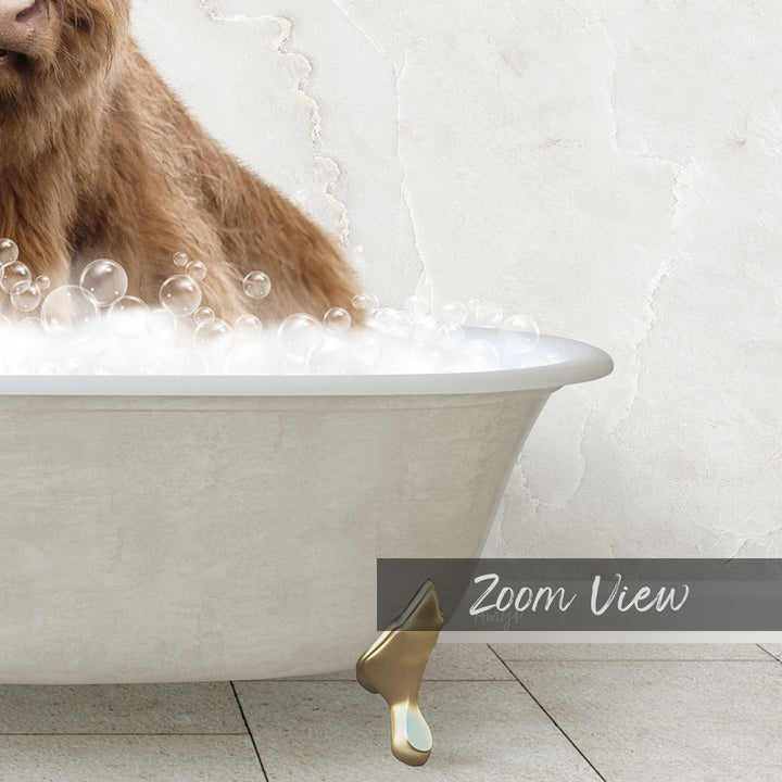 A close-up of a dog's head in a bathtub filled with bubbles, with a text overlay that reads "Zoom View".
