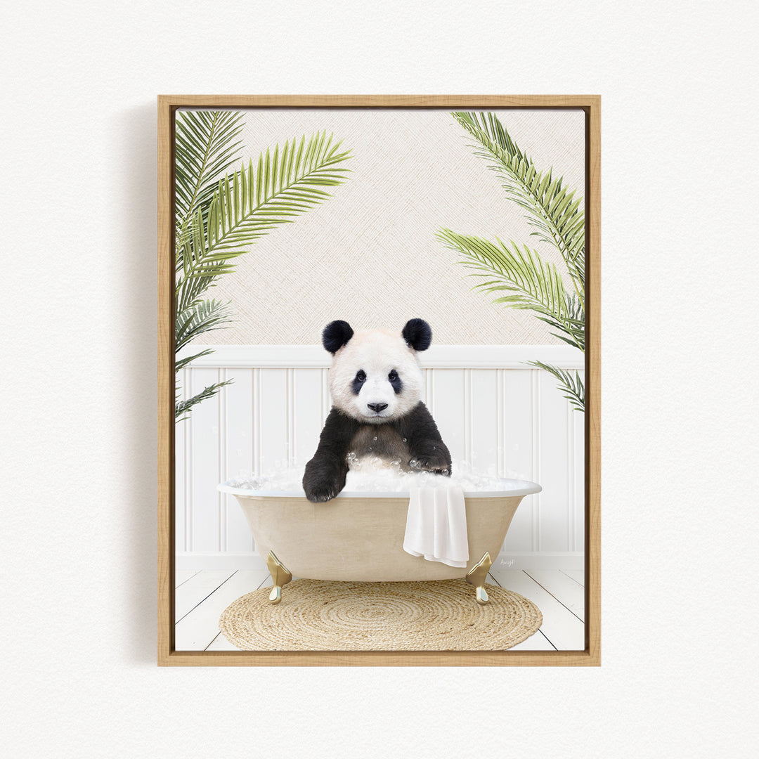 A panda bear sitting in a bathtub filled with water, surrounded by palm leaves, creating a whimsical and playful scene.