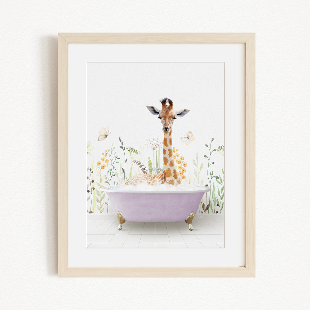 A giraffe sitting in a purple bathtub filled with bubbles, surrounded by flowers and butterflies.