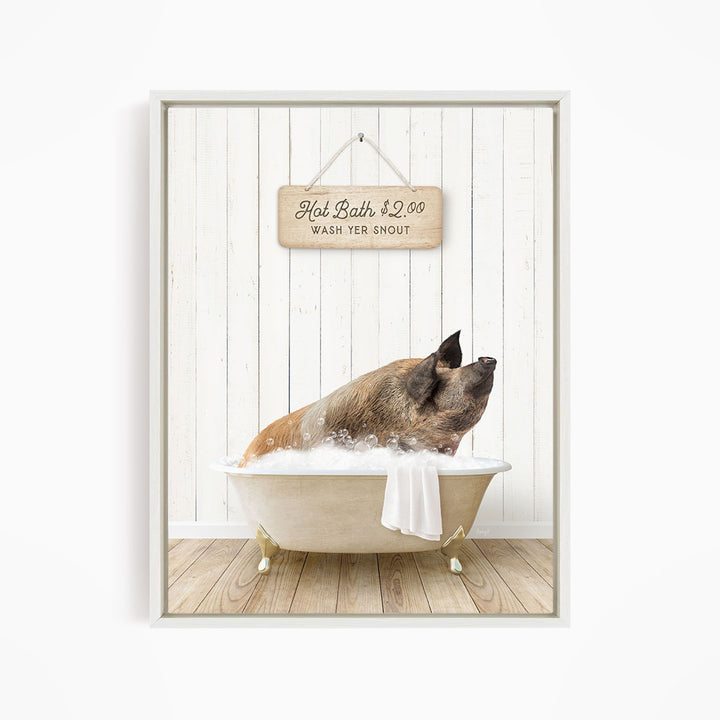A pig sitting in a bathtub, with a sign above it that says "Hot Bath $2.00 WASH YER SNOUT".