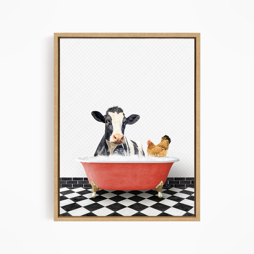 A black and white cow is sitting in a red bathtub, with a chicken standing nearby, on a black and white checkered floor.
