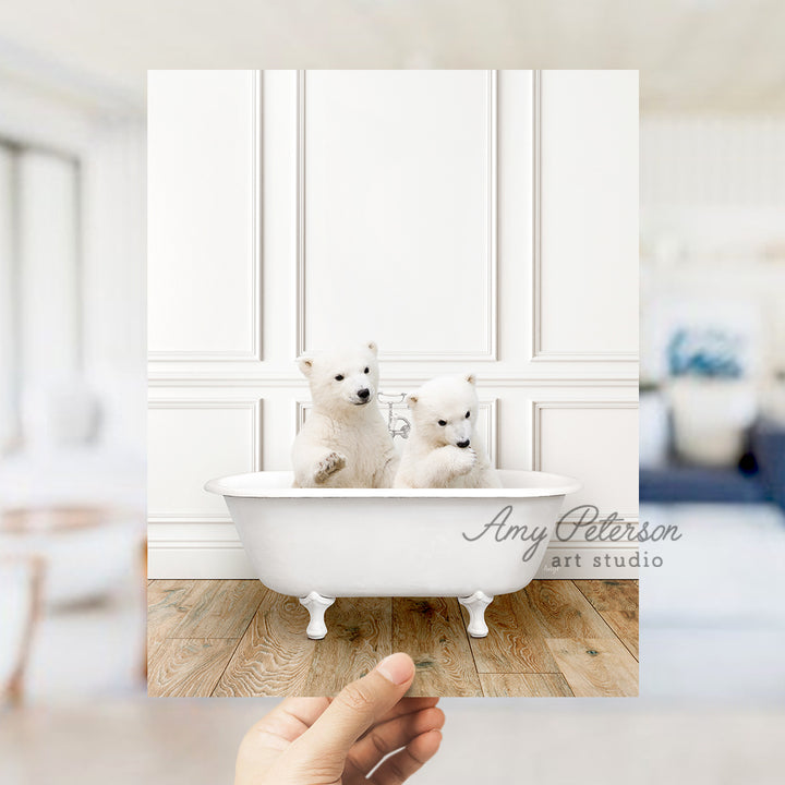 a person holding a polar bear in a bathtub