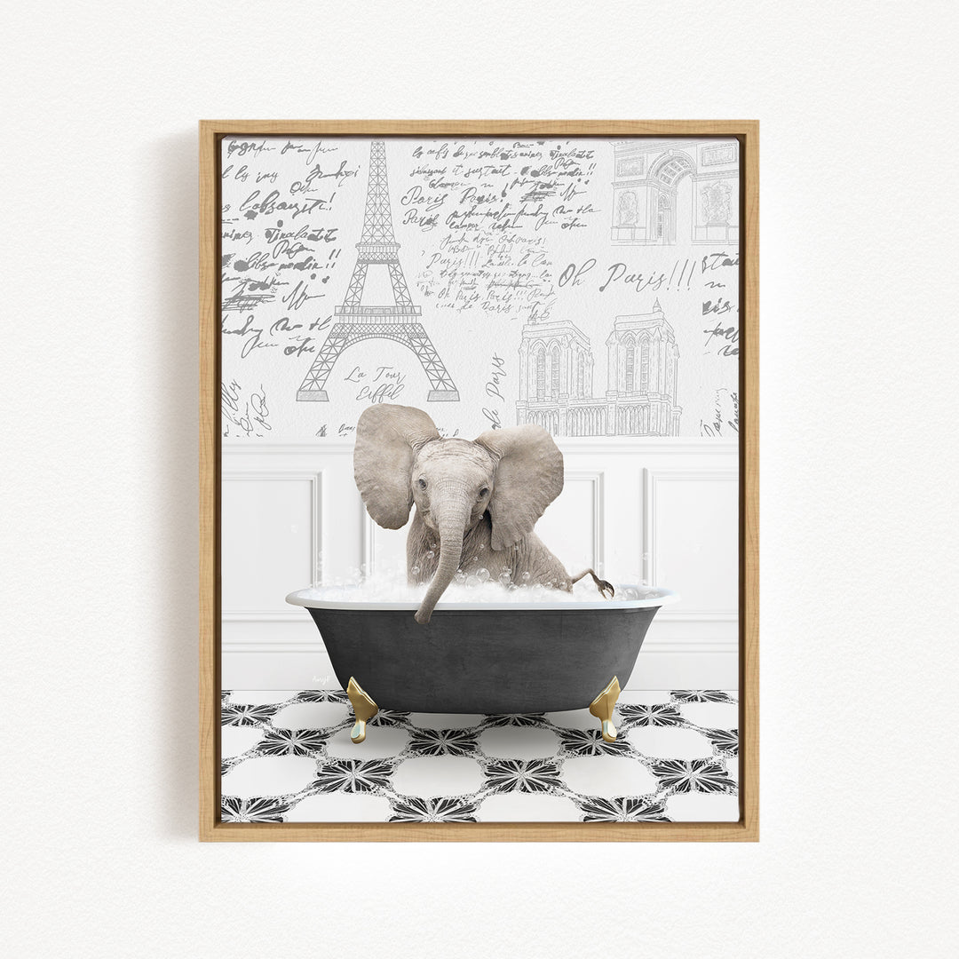A gray elephant is sitting in a bathtub filled with water, surrounded by a black and white tiled floor and a wall with various inscriptions and drawings.