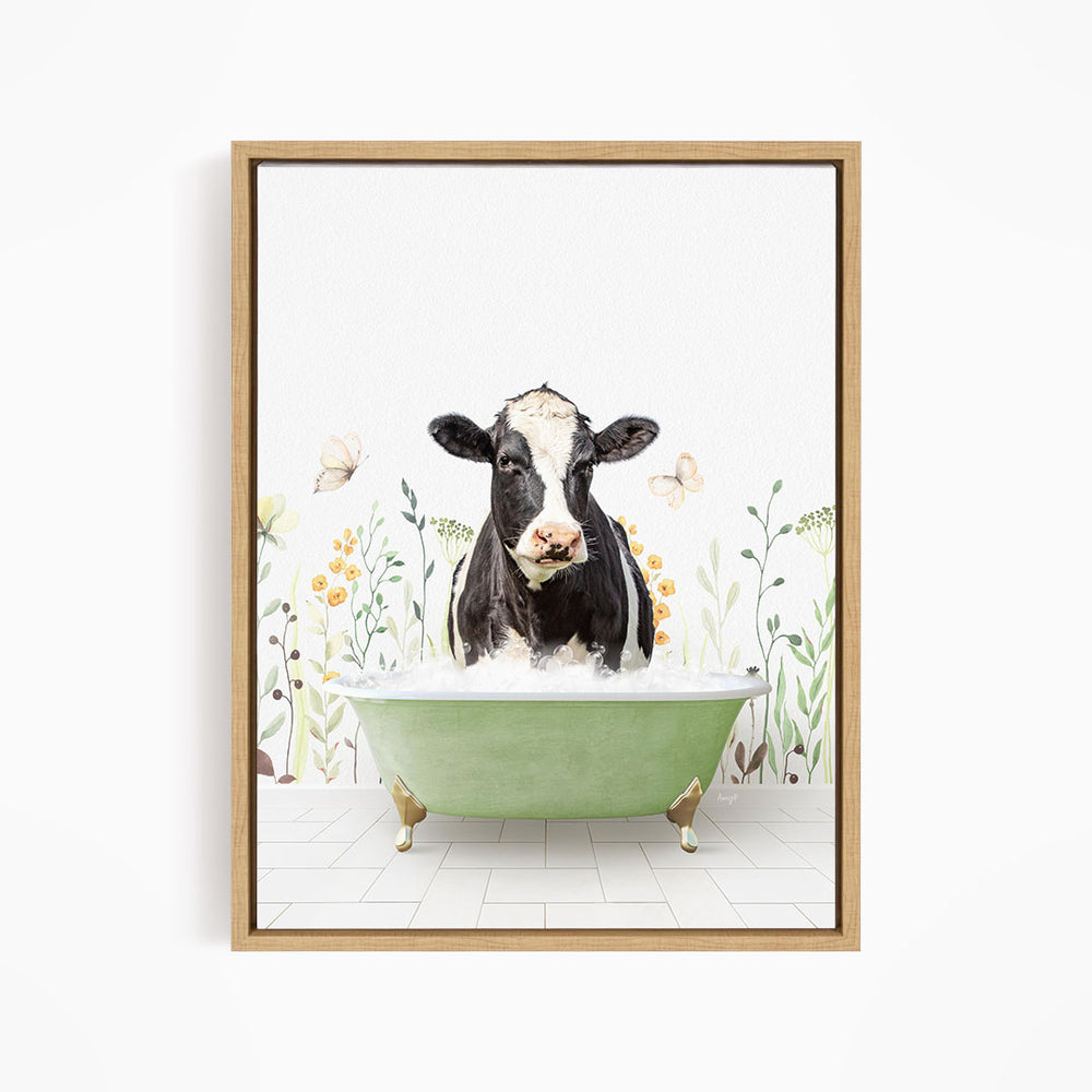 A black and white cow is sitting in a green bathtub filled with water, surrounded by flowers and butterflies.