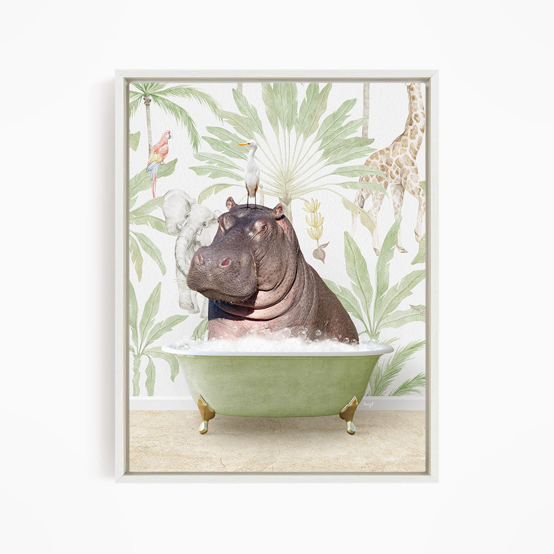 A hippopotamus sitting in a green bathtub, surrounded by tropical foliage and other animals, such as a parrot and a giraffe.