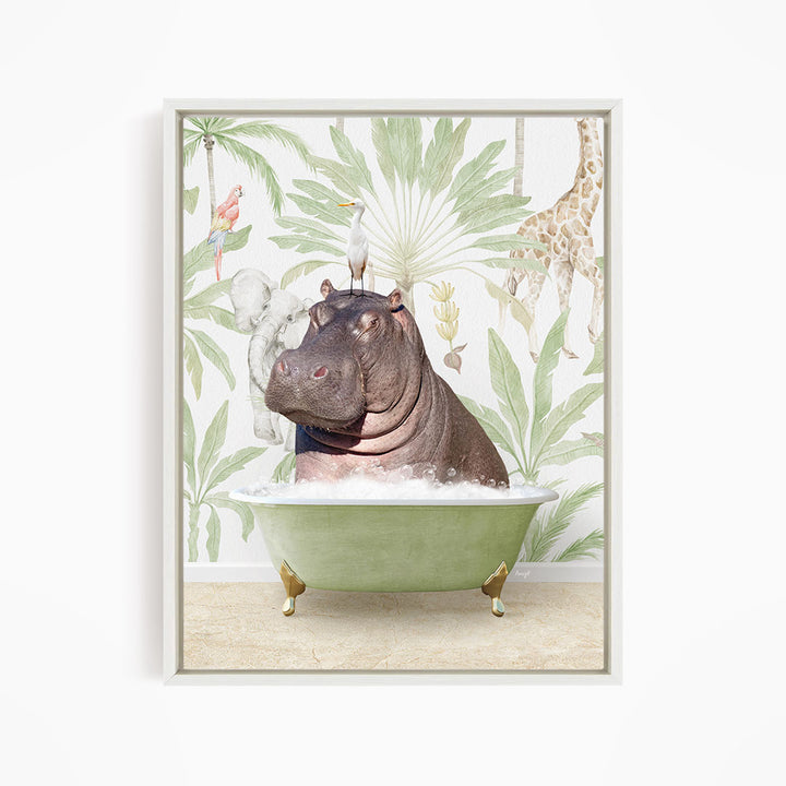 A hippopotamus sitting in a green bathtub, surrounded by tropical foliage and other animals, such as a parrot and a giraffe.