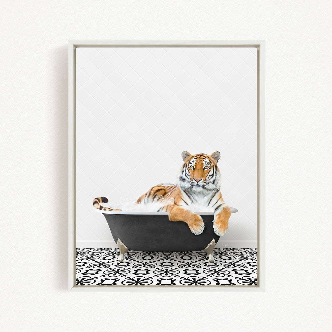 A tiger is sitting in a bathtub filled with water, appearing relaxed and comfortable.