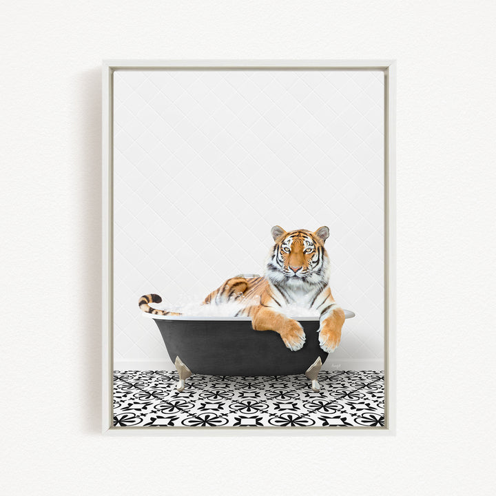 A tiger is sitting in a bathtub filled with water, appearing relaxed and comfortable.